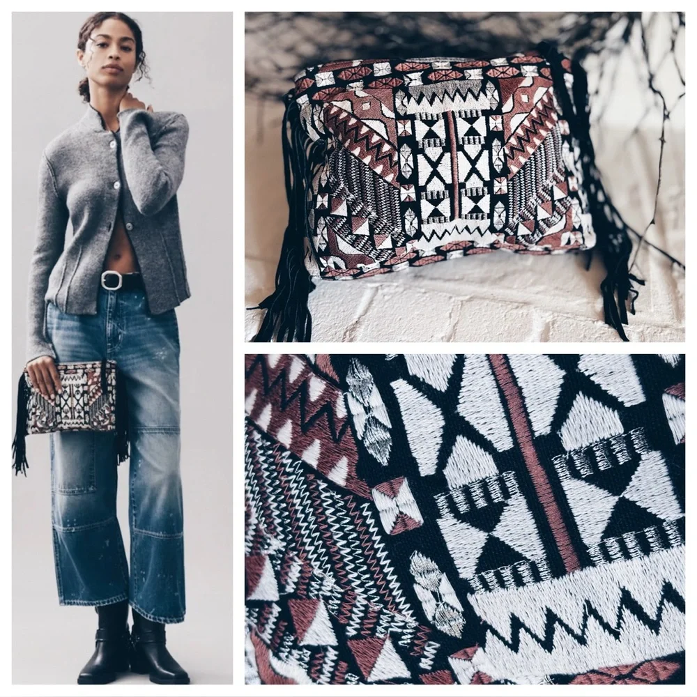 Clutch ELEVATED BOHO Tapestry & Suede Fringe Clutch with Metallic Thread